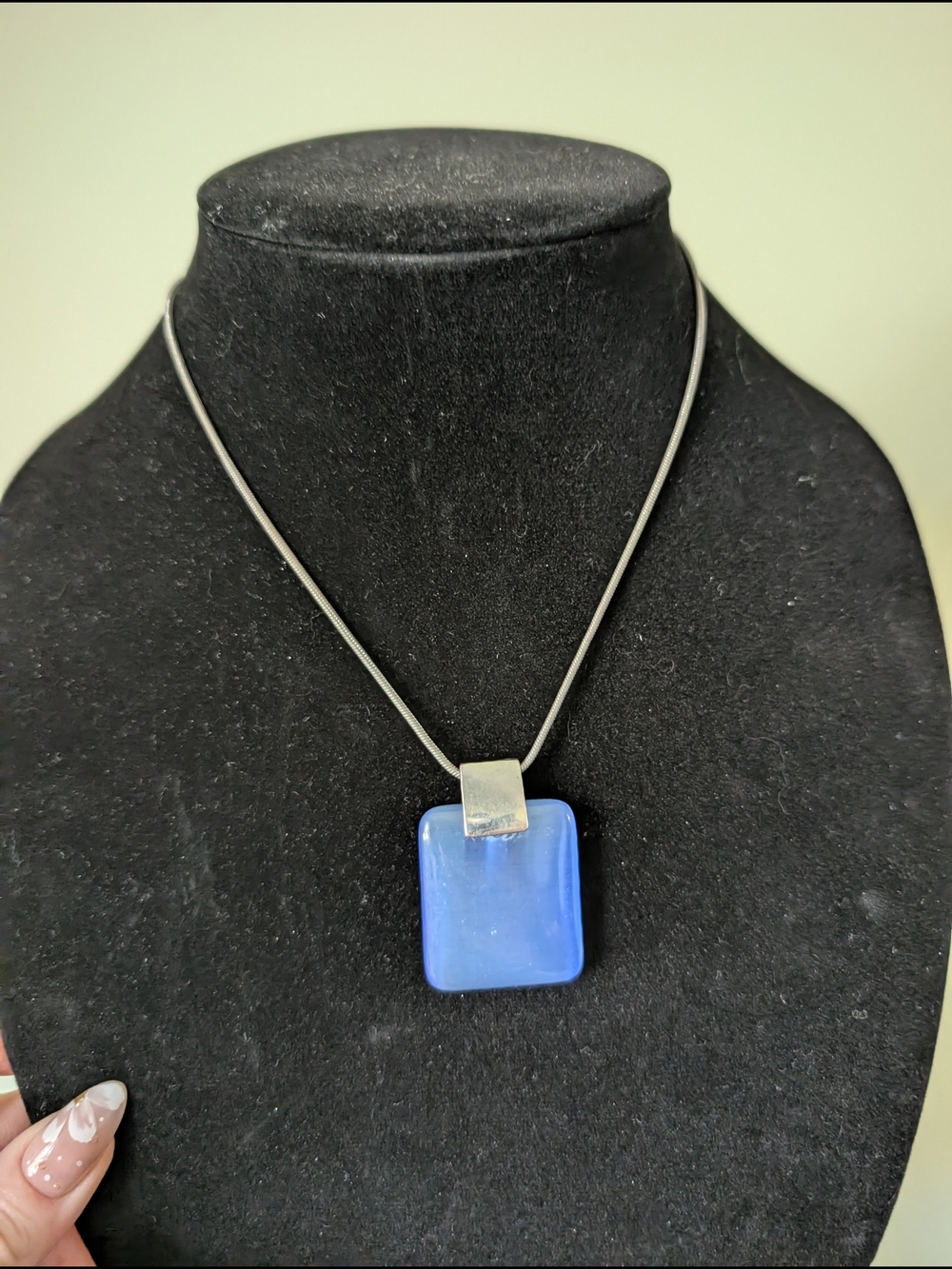 Blue Glass Pendant Necklace with Silver Bail